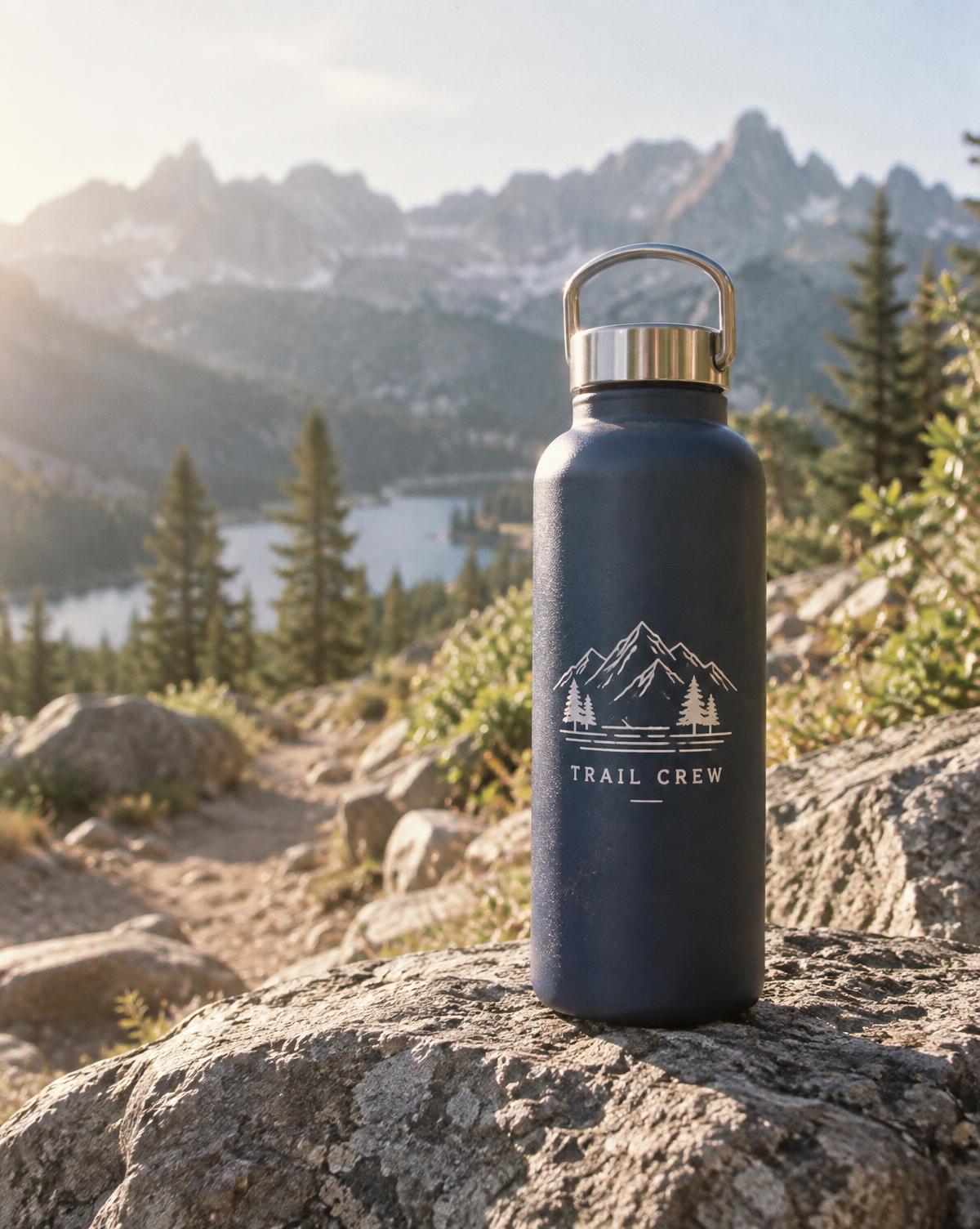 Navy steel bottle with a white Trail Crew mountain print on a trail rock