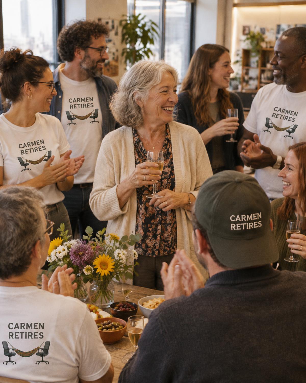 Colleagues in white Carmen Retires tees and a stitched cap cheering Carmen with drinks and sunflowers.