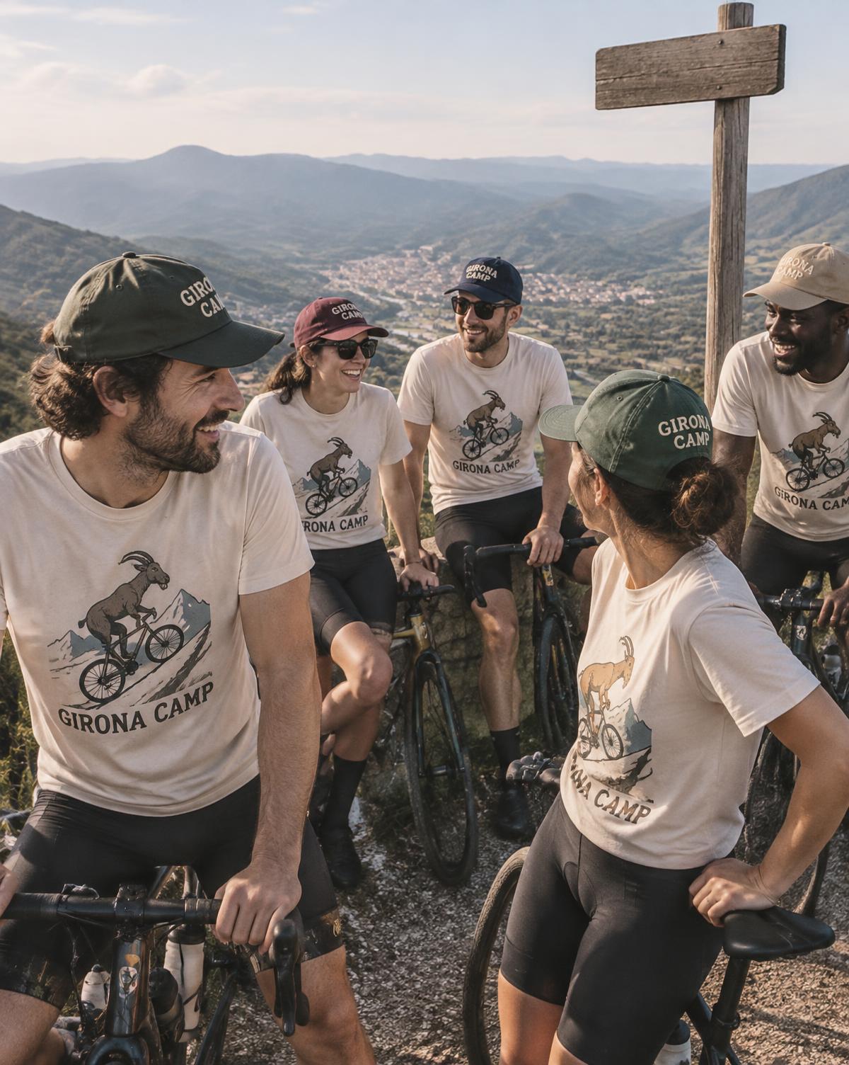 Riders in cream Girona Camp tees with a goat print and stitched caps resting with bikes on a hilltop.