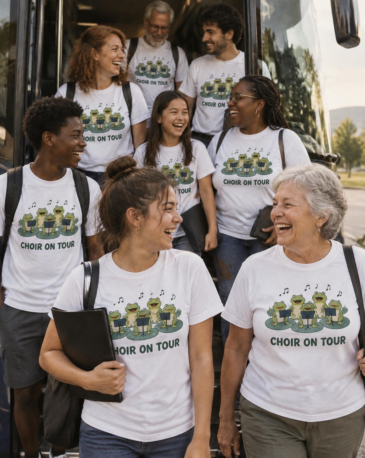 Choir members in white Choir On Tour tees with frog prints stepping off a coach, laughing and carrying folders.