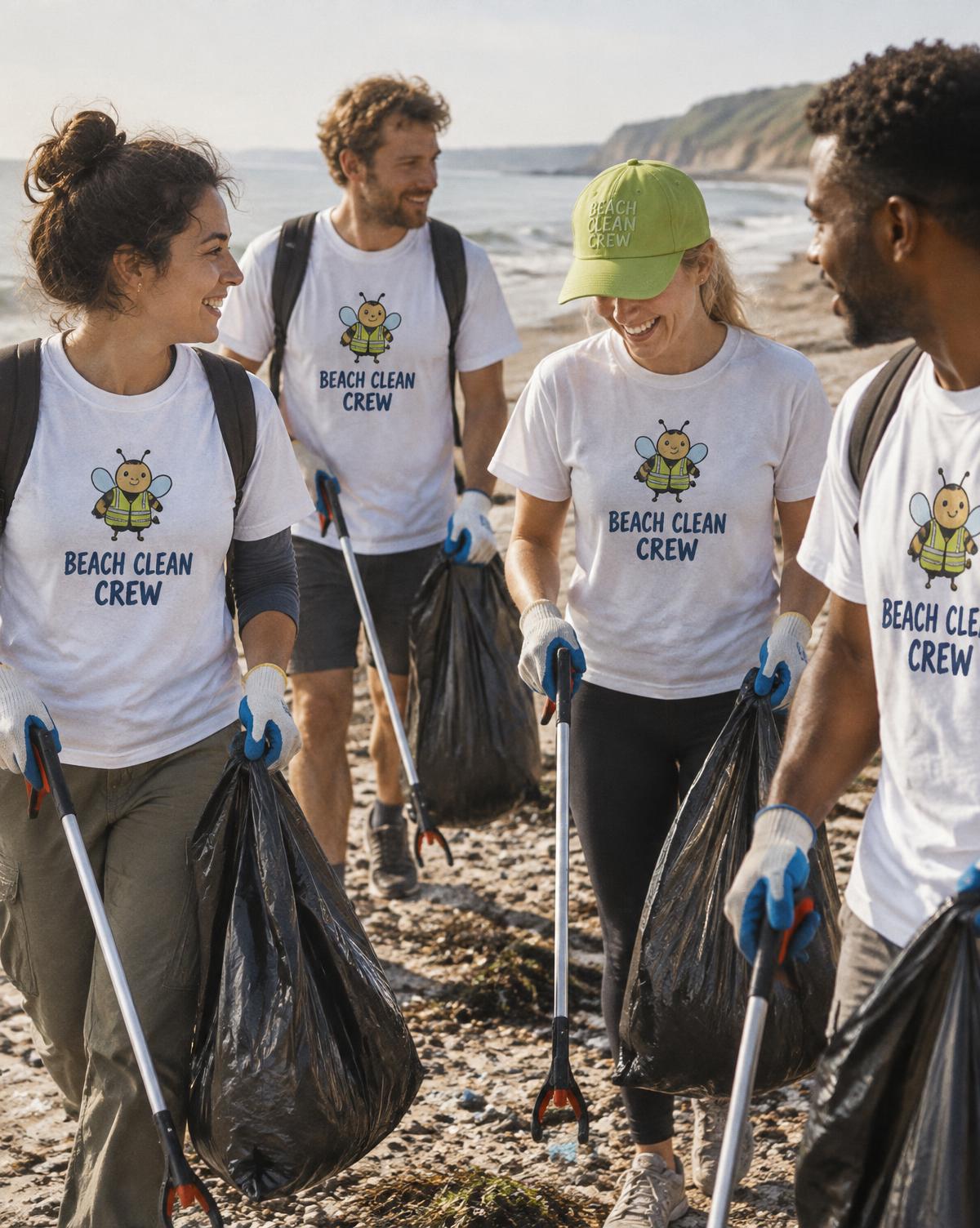Volunteers in white Beach Clean Crew tees and a green stitched cap with litter pickers and bin bags.