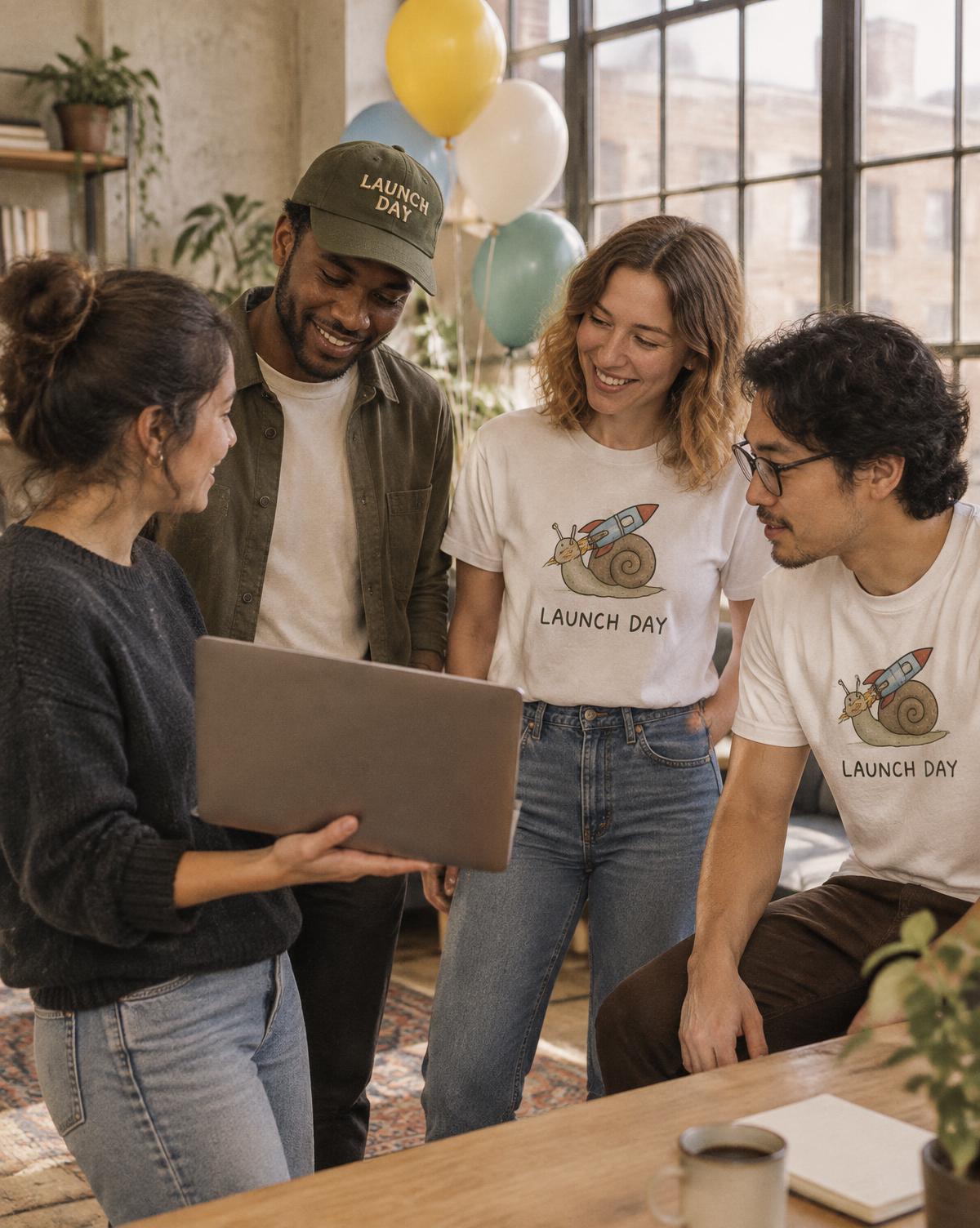 Team in white Launch Day tees and an olive stitched cap looking at a laptop together under balloons.