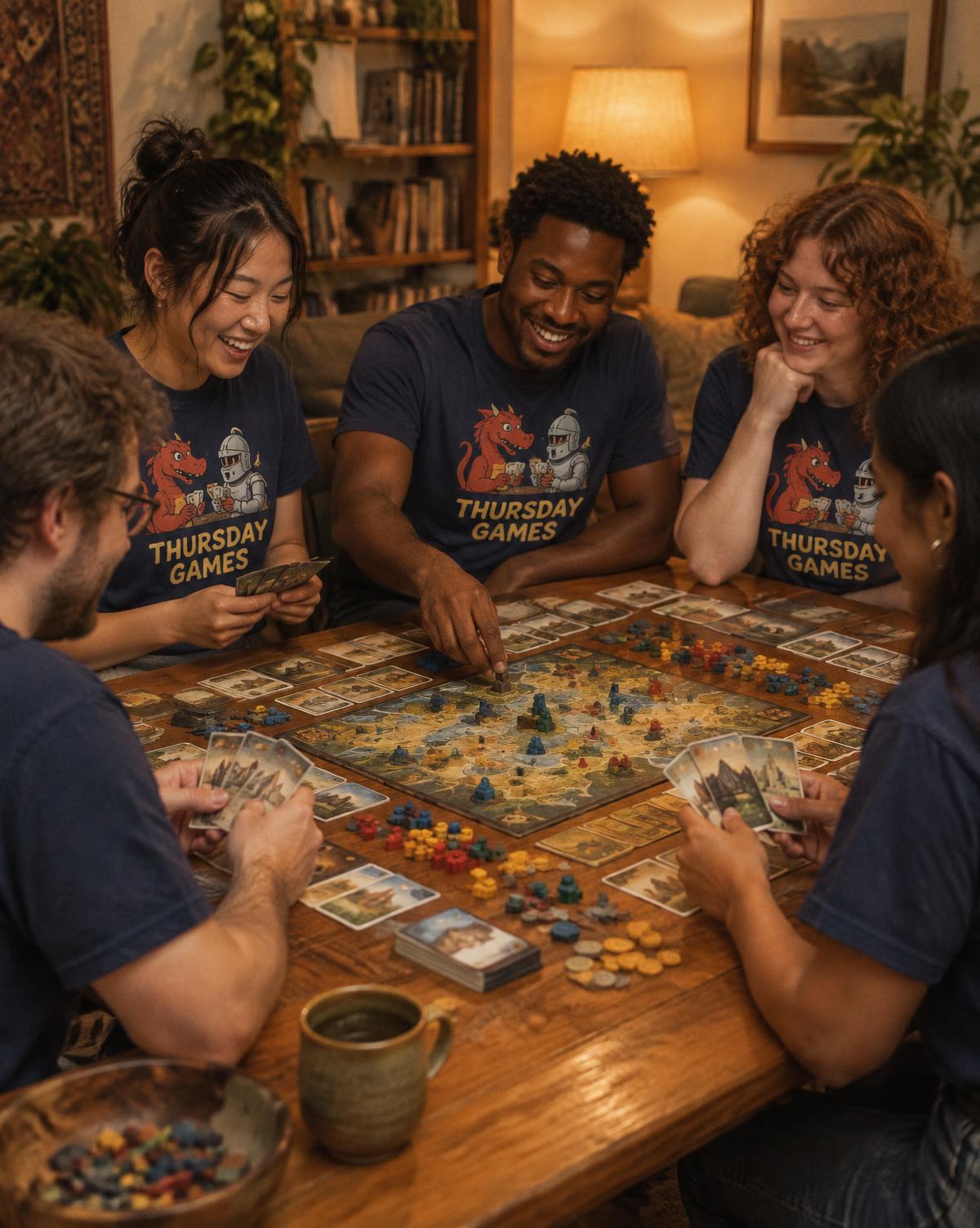 Friends in navy Thursday Games tees play a big board game around a wooden table in a cosy living room.