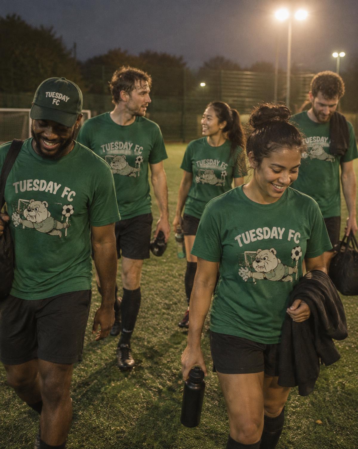 Teammates in green Tuesday FC tees with a bulldog keeper print walking off a floodlit pitch, laughing.