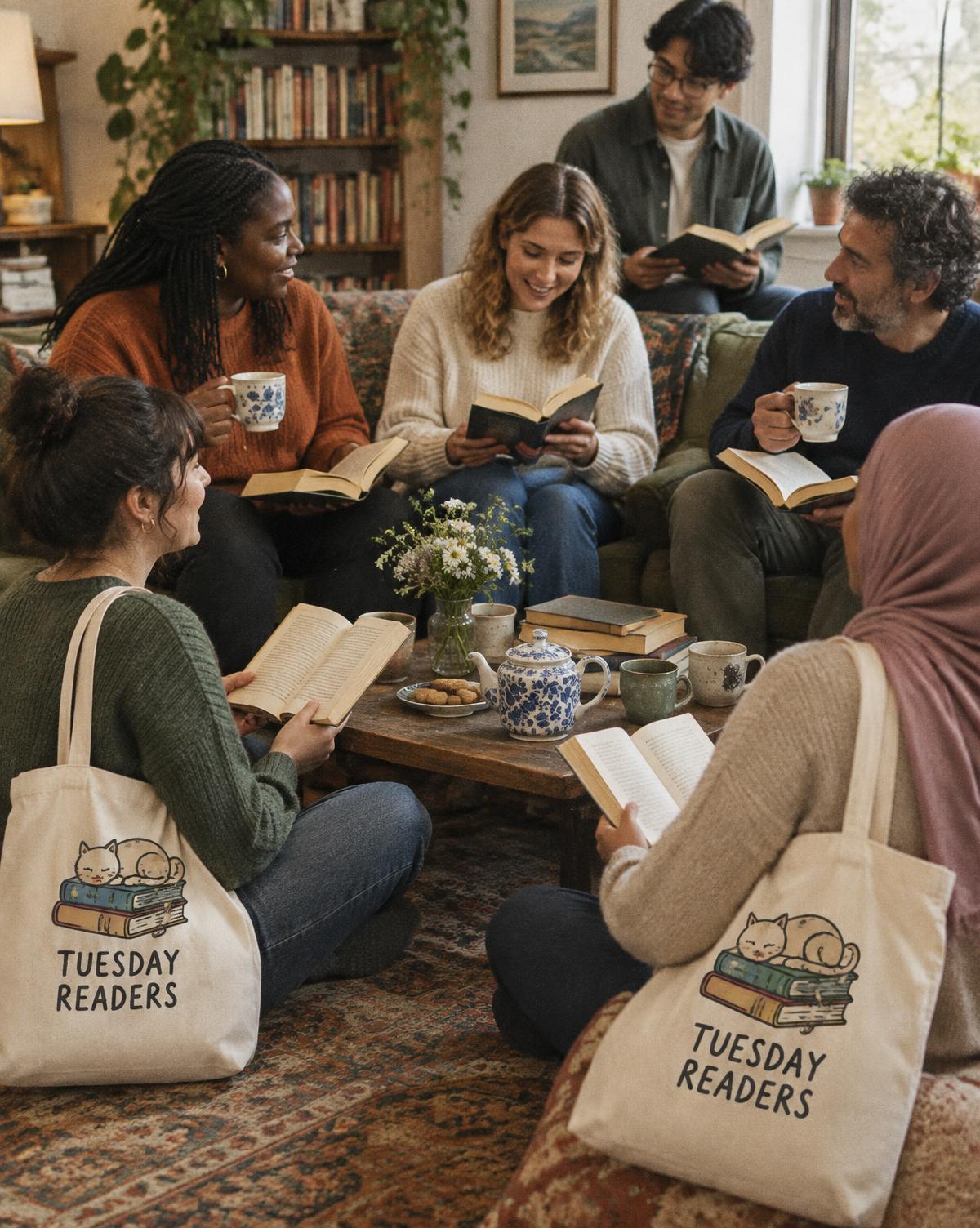 Book club friends with Tuesday Readers totes reading and drinking tea around a low table on a rug.