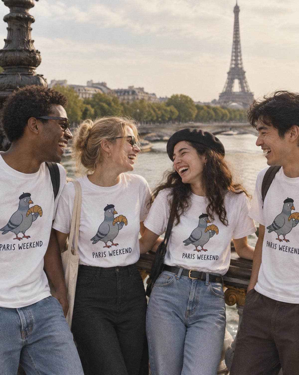 Four friends in white Paris Weekend tees with the pigeon print laughing on a bridge near the Eiffel Tower.