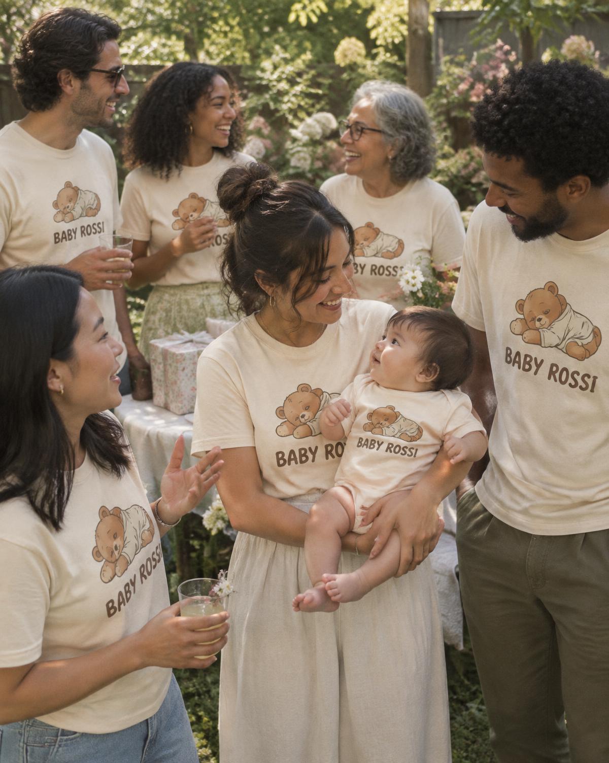 Family in cream Baby Rossi tees laughing in a garden around a mum holding her baby in a matching bodysuit.