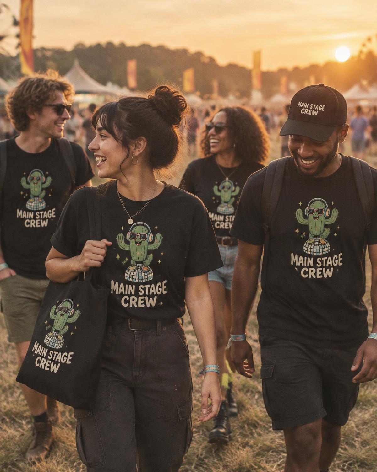 Festival crew in black Main Stage Crew tees and caps with a cactus print walking through the field at sunset.