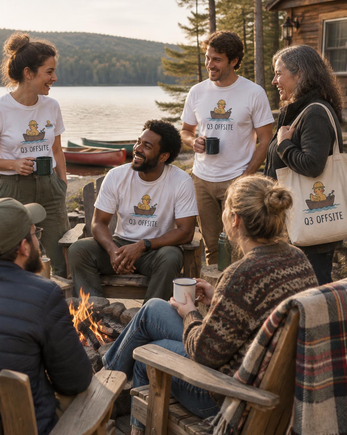 Colleagues in white Q3 Offsite tees and a matching tote chatting with mugs around a fire by the lake.
