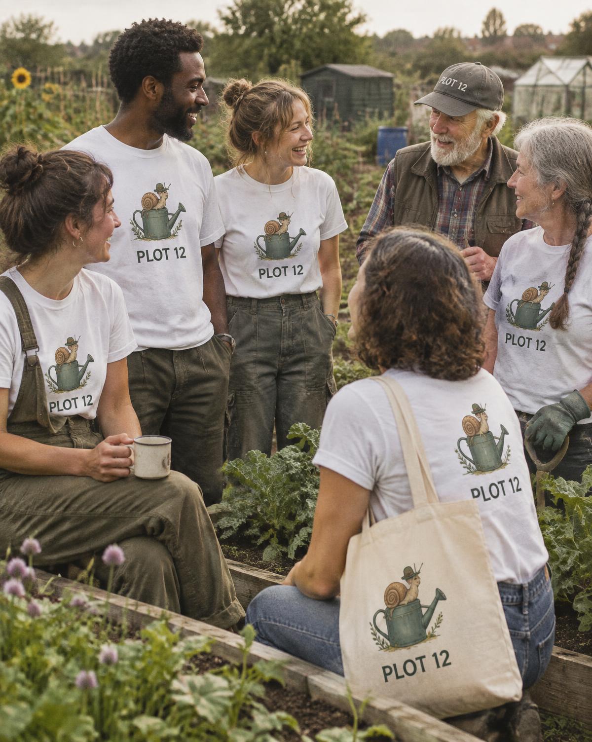 Gardeners of mixed ages in white Plot 12 tees and a matching tote chatting among the raised beds.