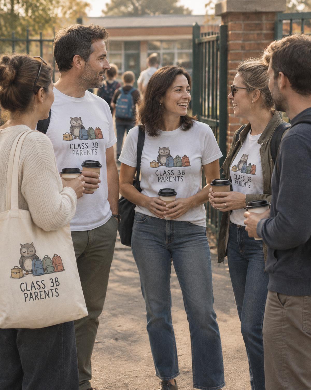 Parents in white Class 3B Parents tees and a matching tote chatting over coffee by the school gate.
