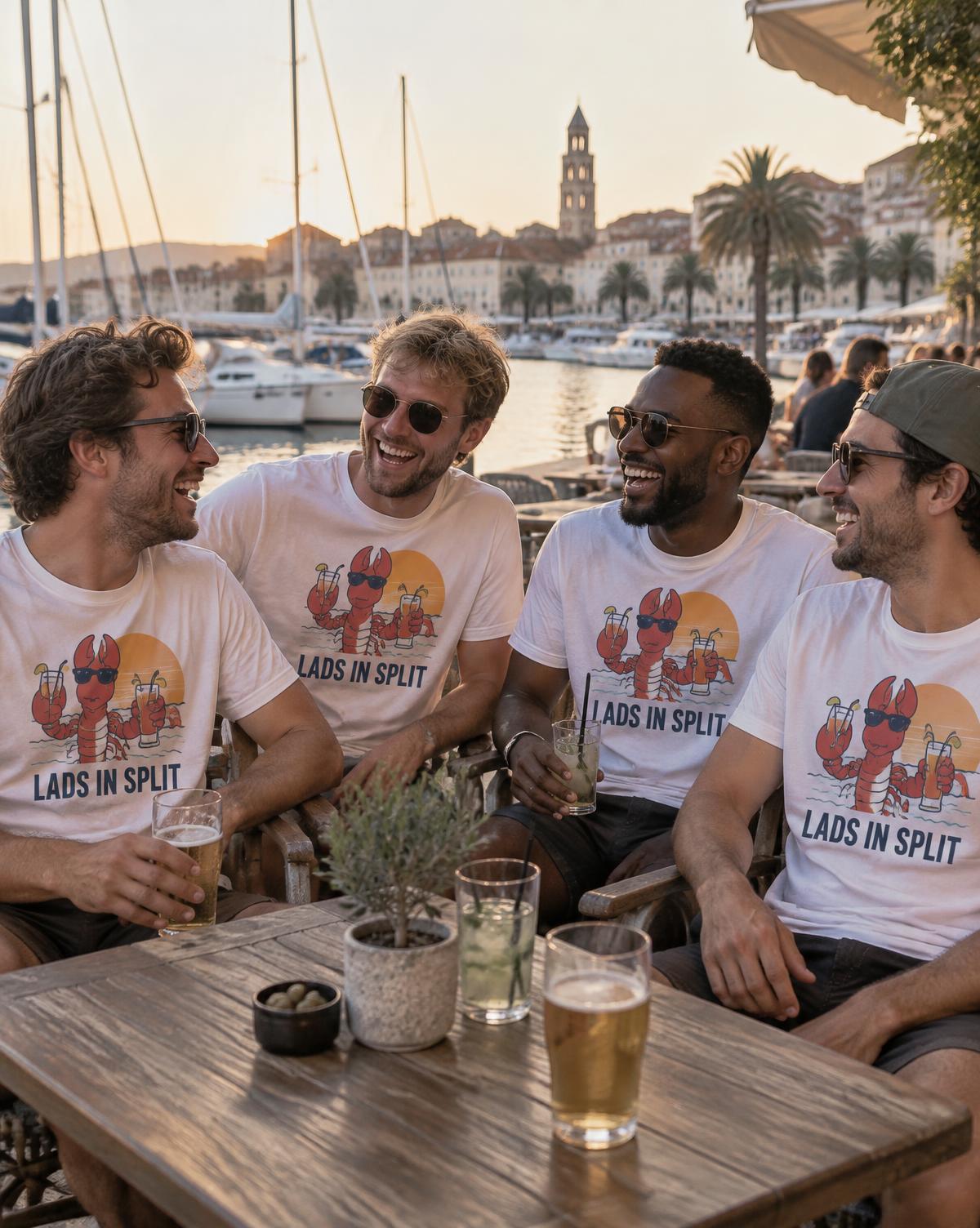 Four friends in white Lads In Split tees with a lobster print laughing over beers at a harbour cafe.