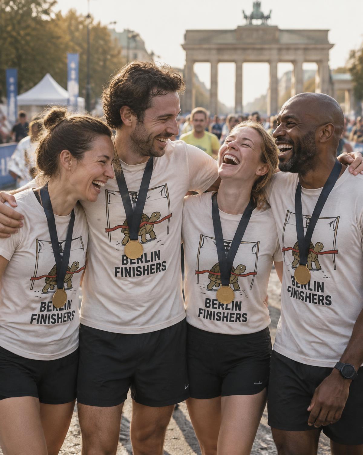 Four runners in white Berlin Finishers tees with medals laughing arm in arm in front of a city gate.