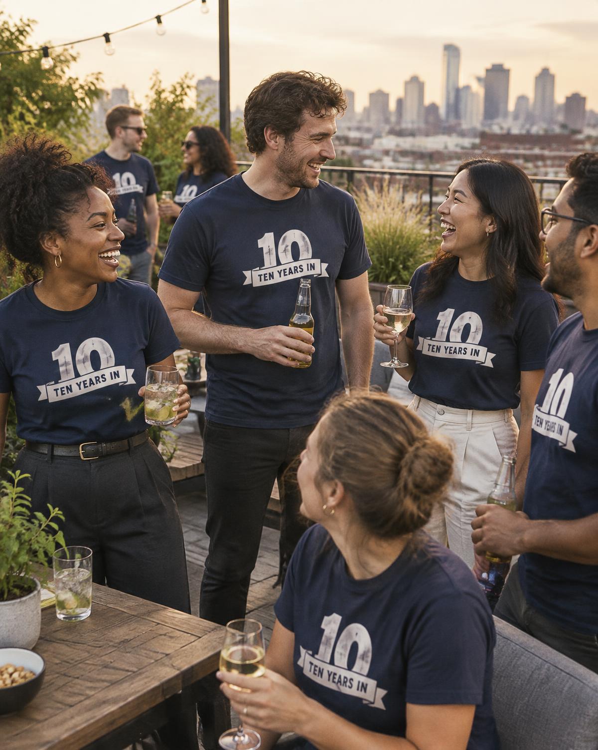 Coworkers in navy Ten Years In tees laughing with drinks at a rooftop party above the city.