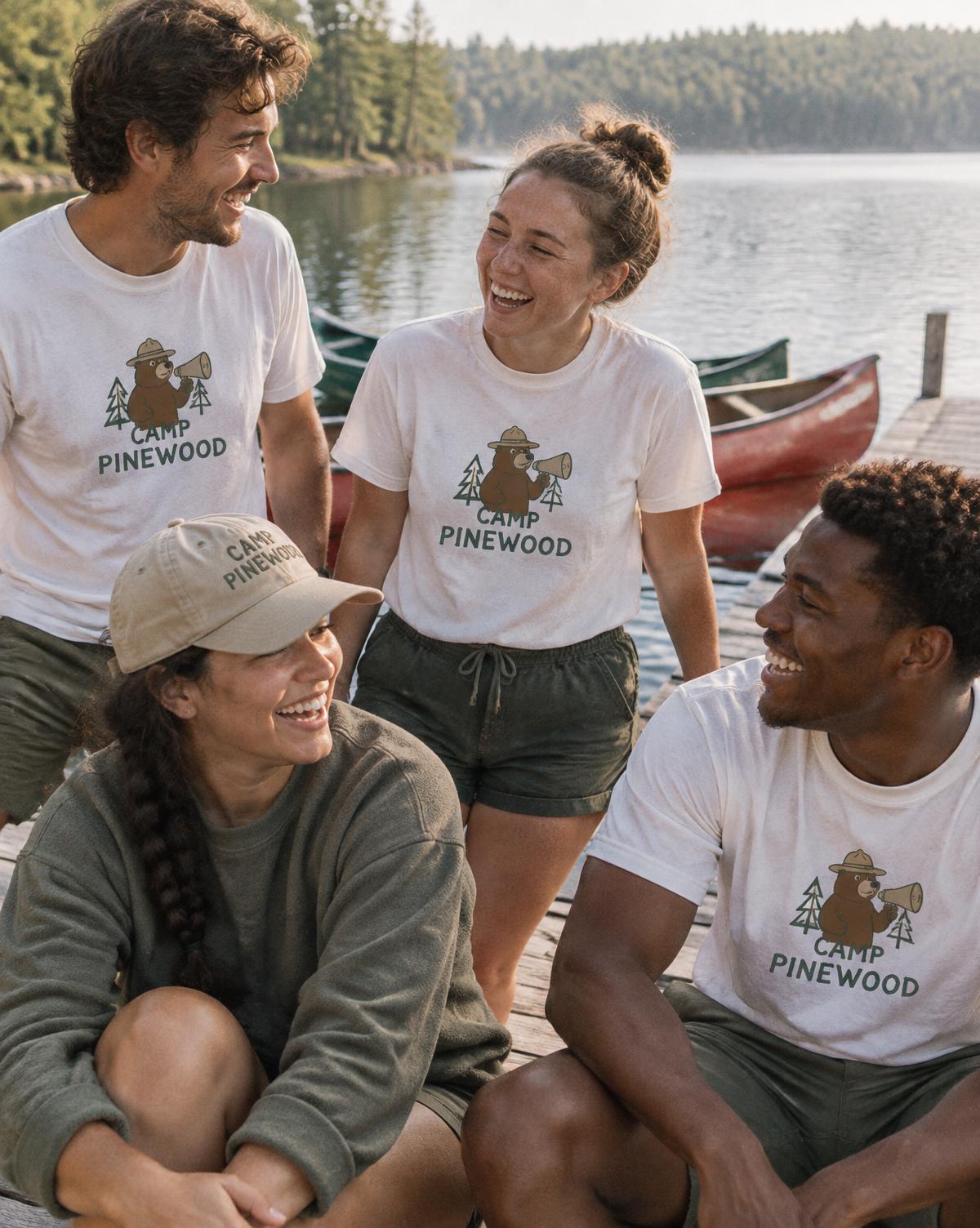Camp staff in white Camp Pinewood tees and a tan stitched cap laughing together by the lake and canoes.