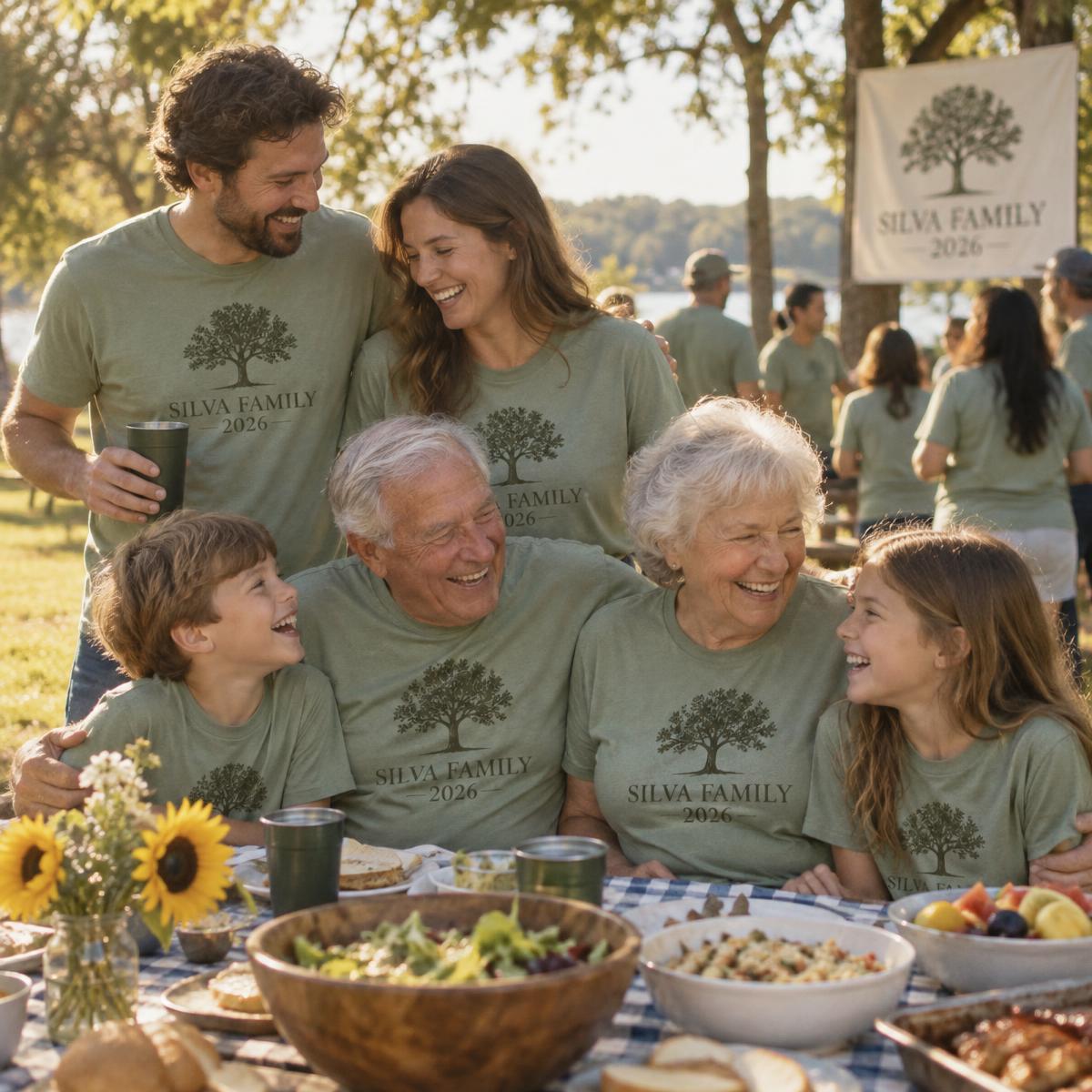 Three generations at a park picnic in matching sage Silva Family tees