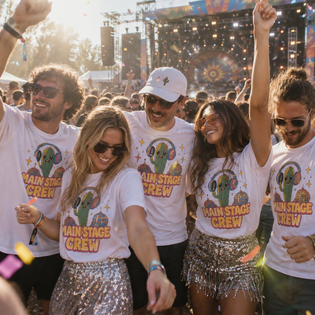 Friends dancing at a festival in matching Main Stage Crew tees