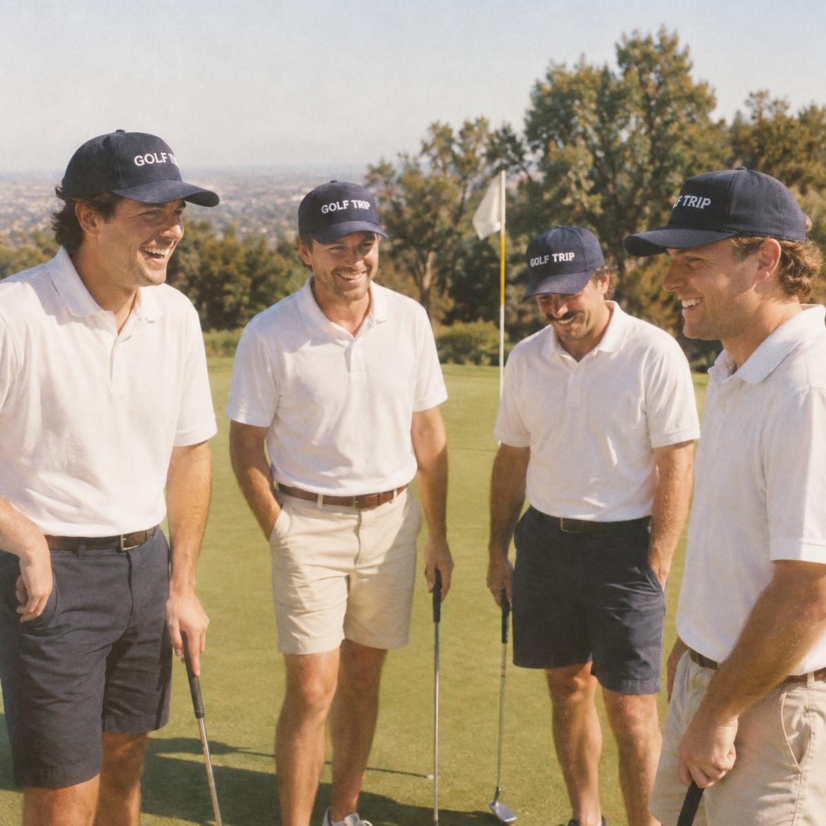 Four friends on a golf green in matching navy embroidered Golf Trip caps