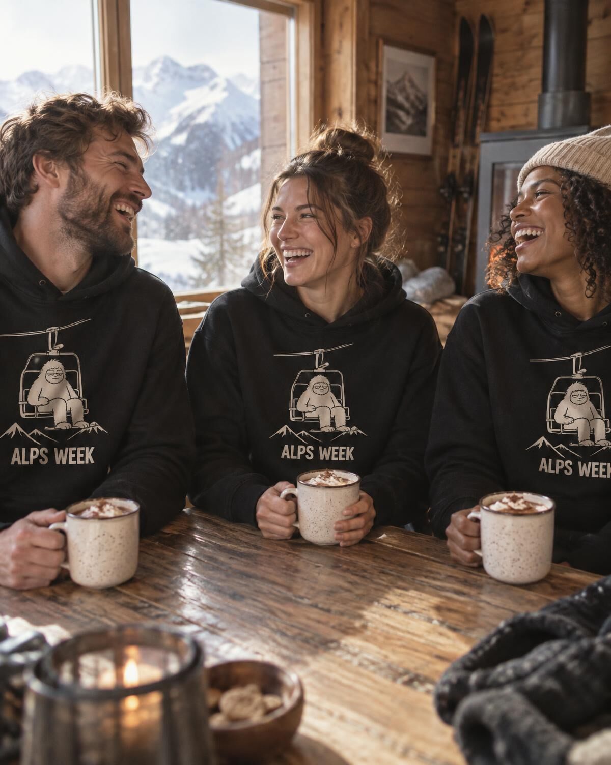 Three friends with hot chocolate in a mountain hut in matching black Alps Week hoodies