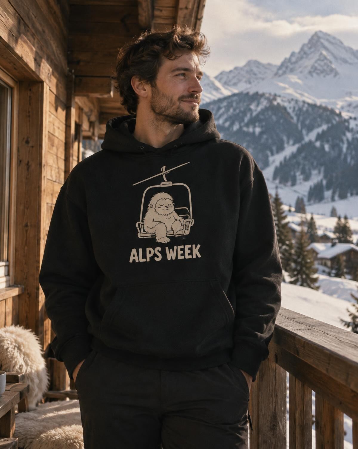 Man on a snowy chalet balcony in a black hoodie with a cream Alps Week sleepy yeti print