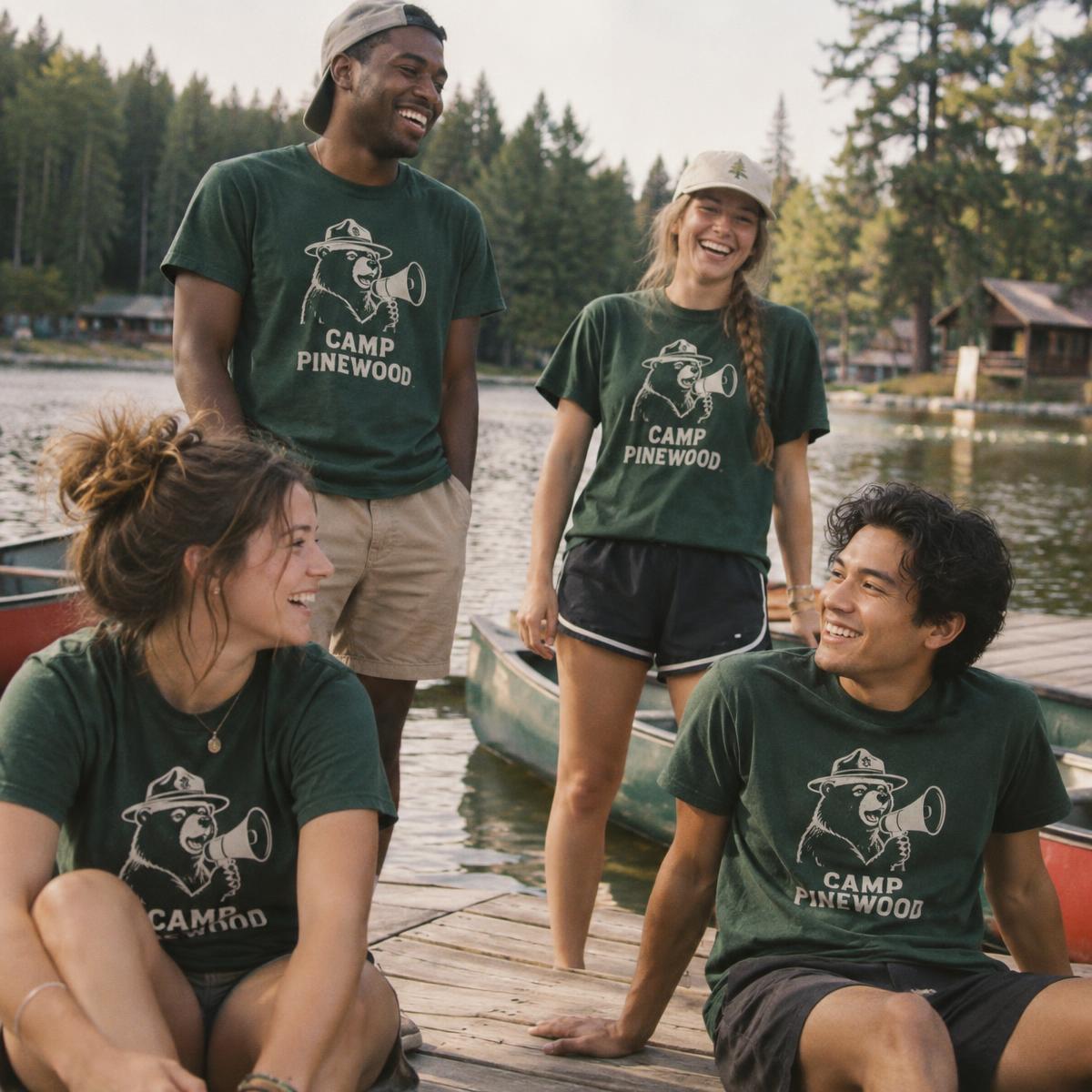 Camp staff crew in matching Camp Pinewood merch