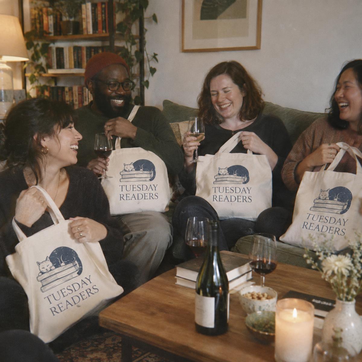 Book club crew in matching Tuesday readers merch