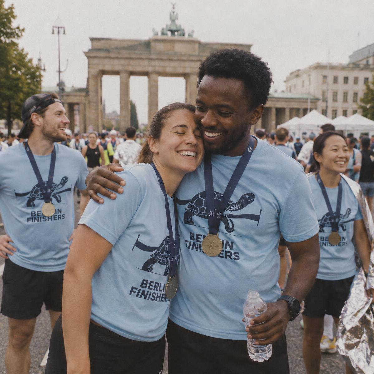 Race finishers crew in matching Berlin finishers merch