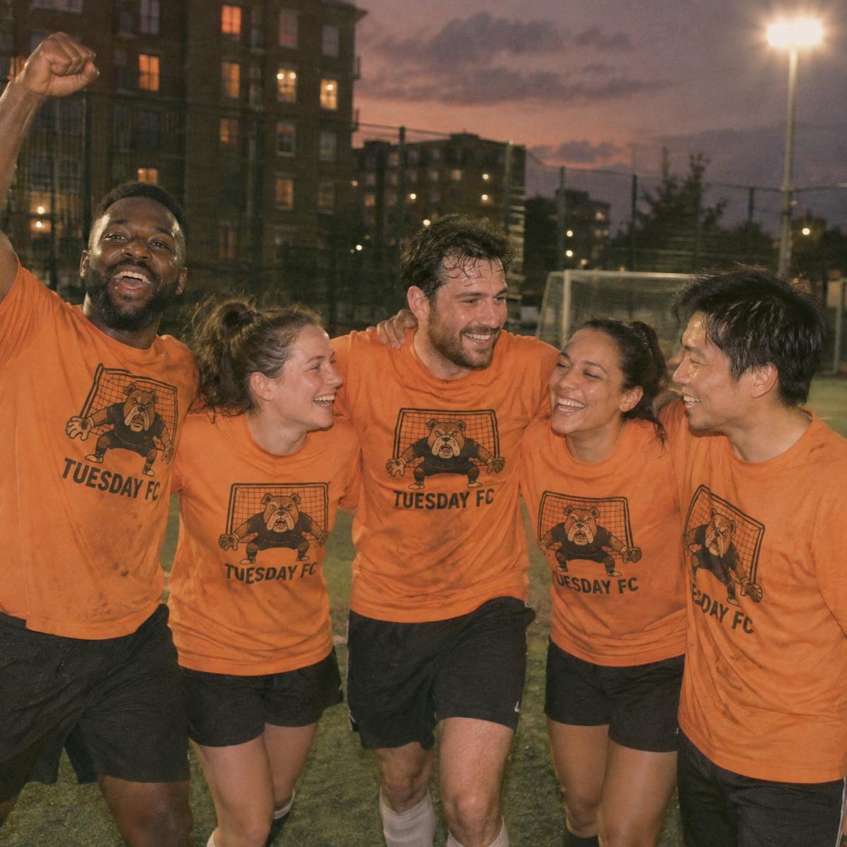 Five a side crew in matching Tuesday FC merch
