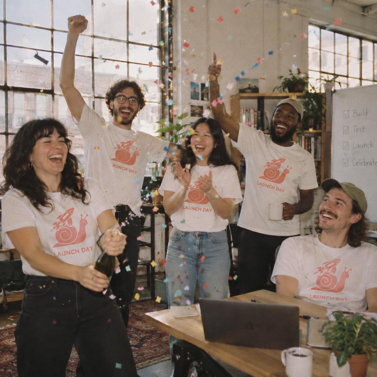 Startup launch crew in matching Launch day merch