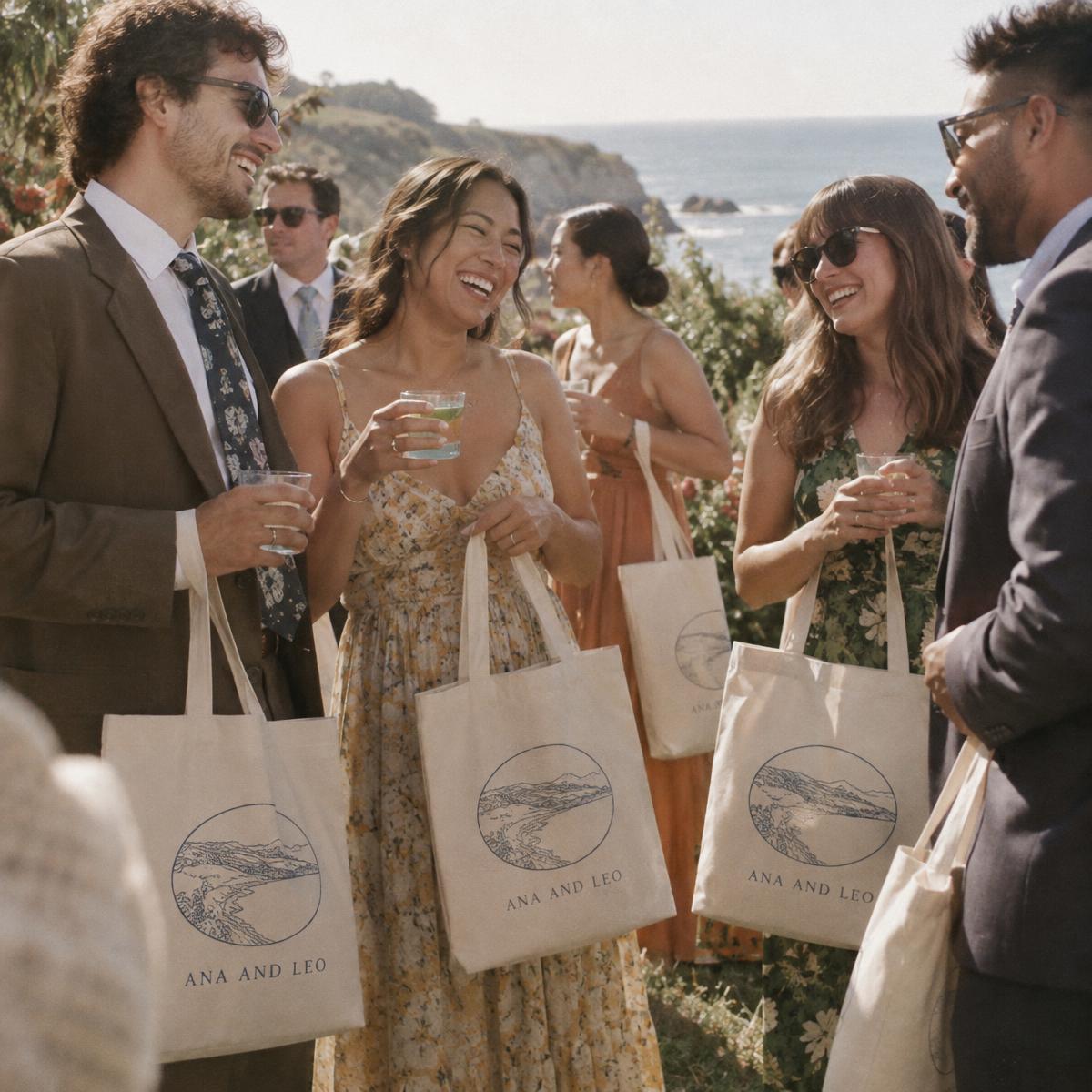 Wedding welcome bag crew in matching Ana and Leo merch