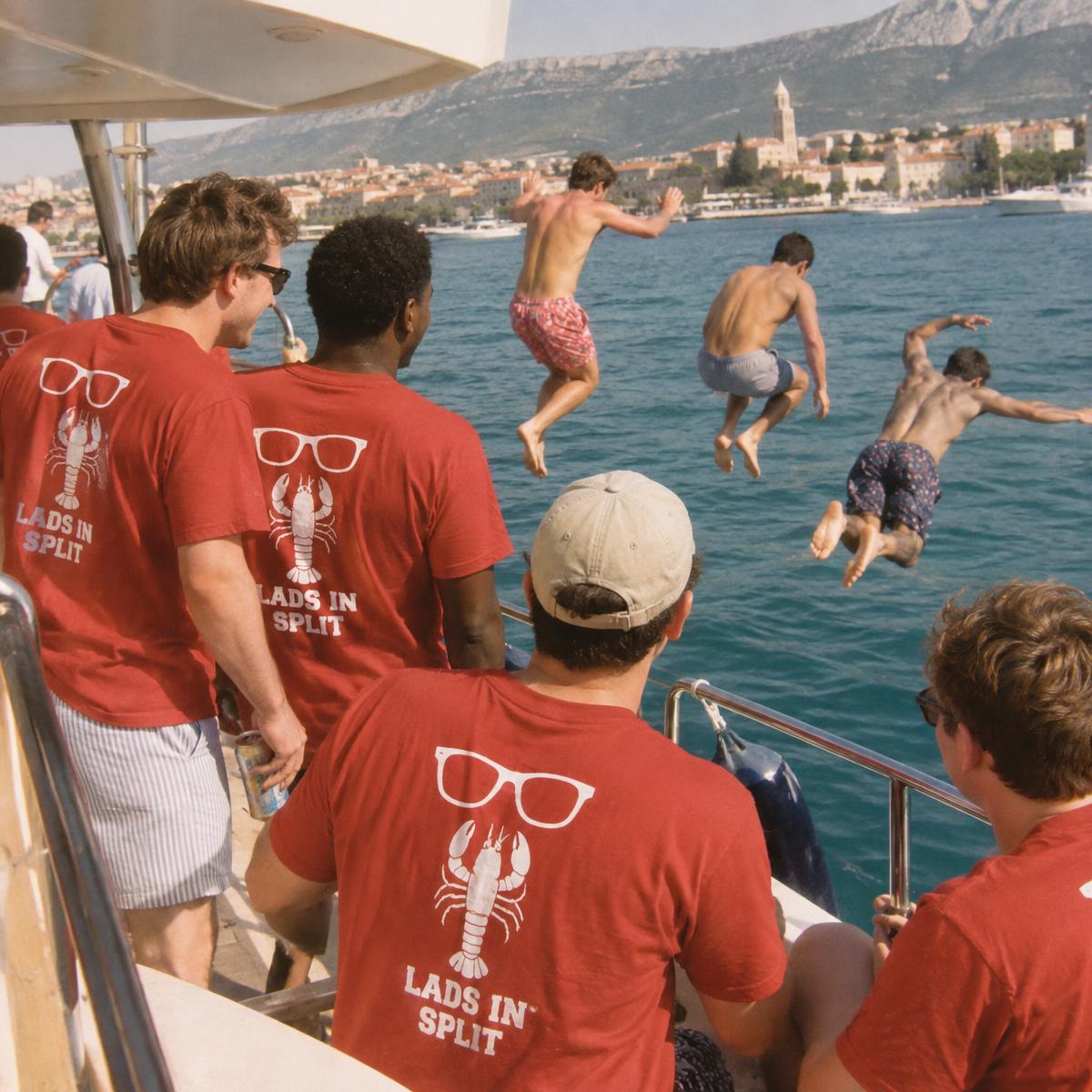 Lads holiday crew in matching Lads in Split merch