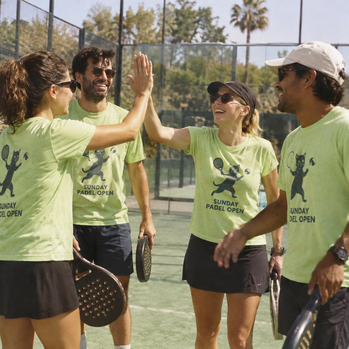Padel tournament crew in matching Sunday padel open merch