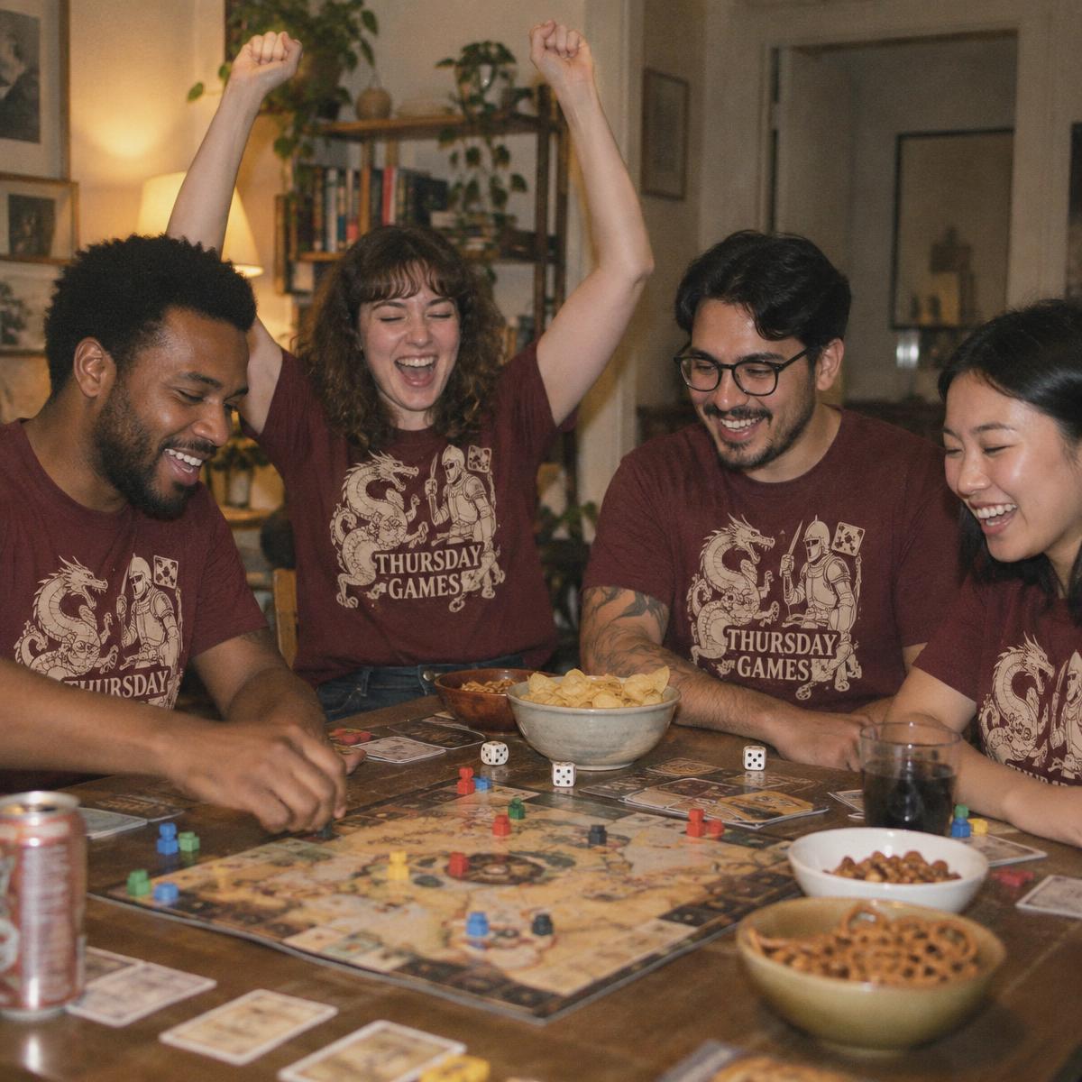 Game night crew in matching Thursday games merch