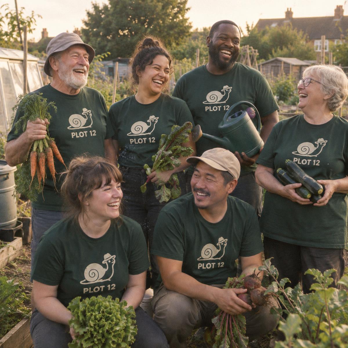 Garden crew crew in matching Plot 12 merch