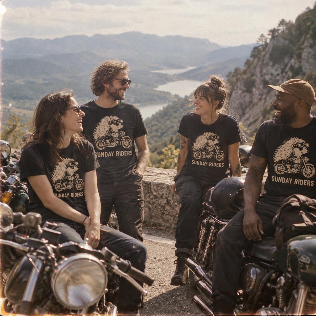 Bike and car club crew in matching Sunday riders merch