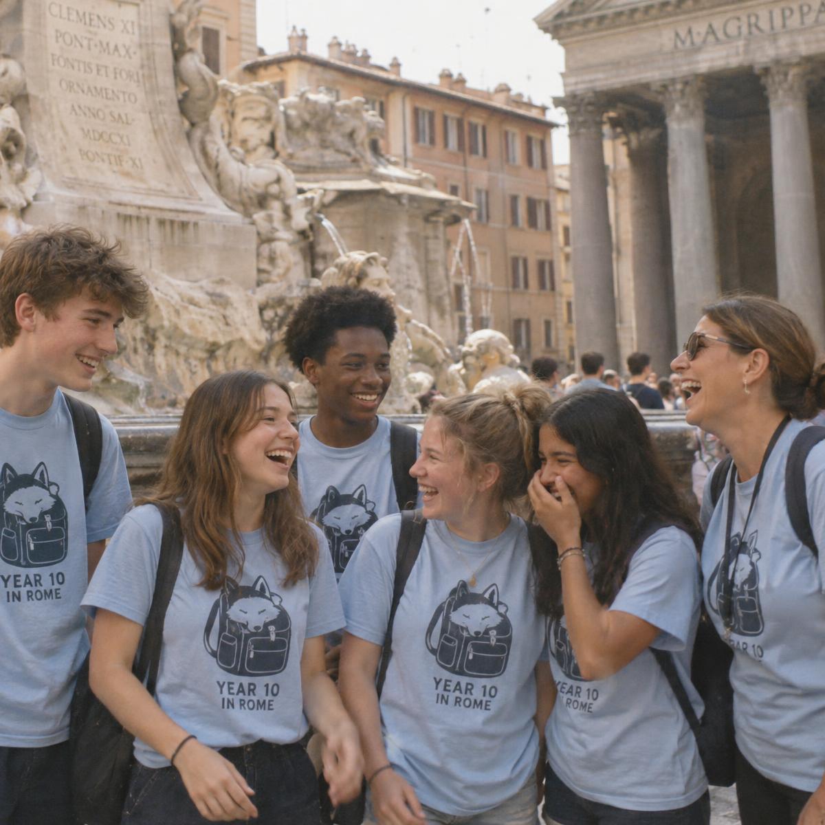 School trip crew in matching Year 10 in Rome merch