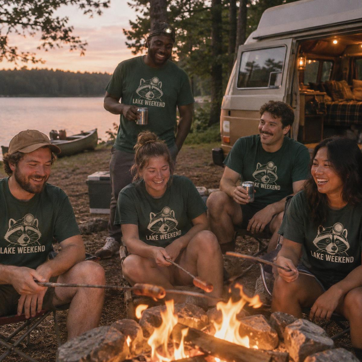 Camping trip crew in matching Lake weekend merch
