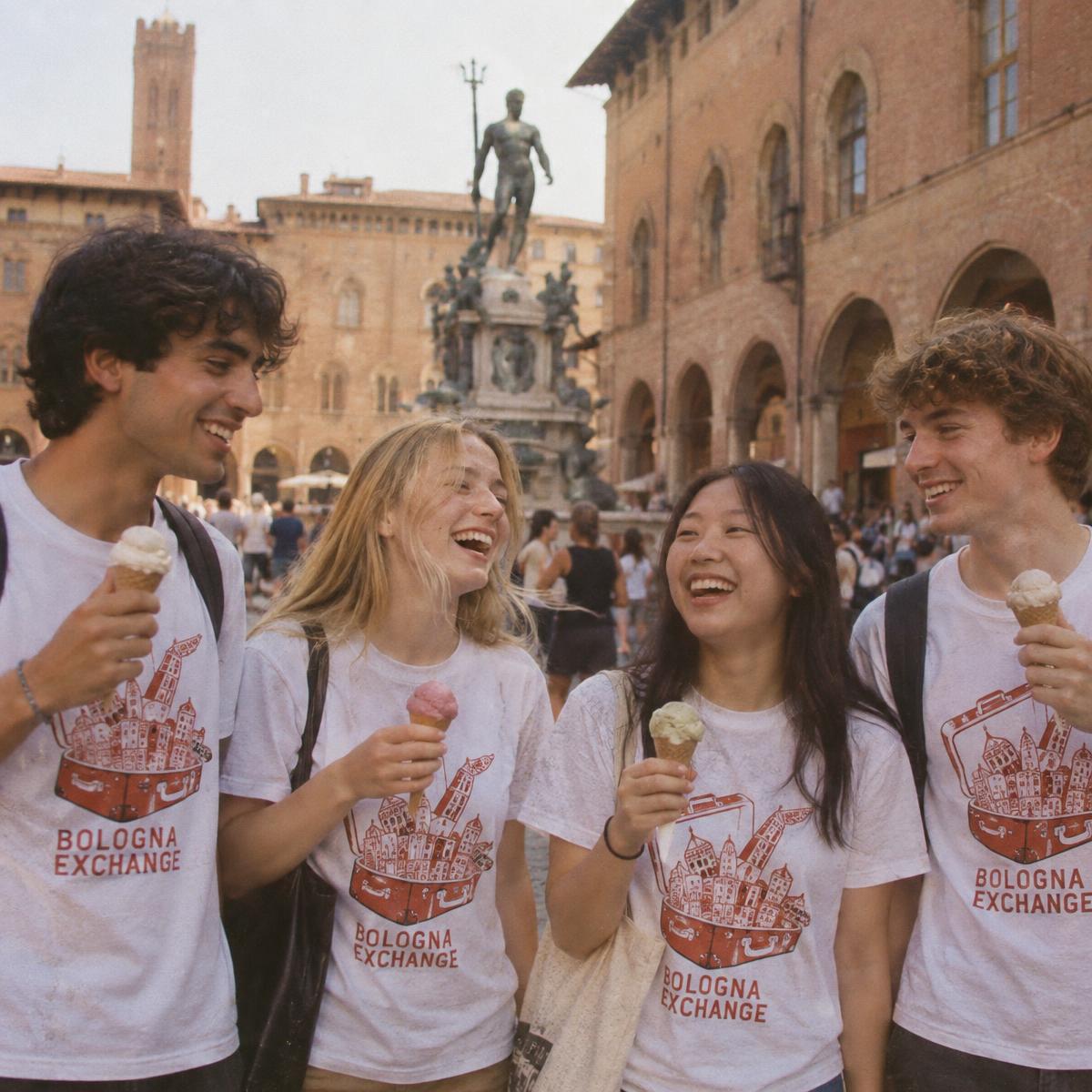 Erasmus crew in matching Bologna exchange merch