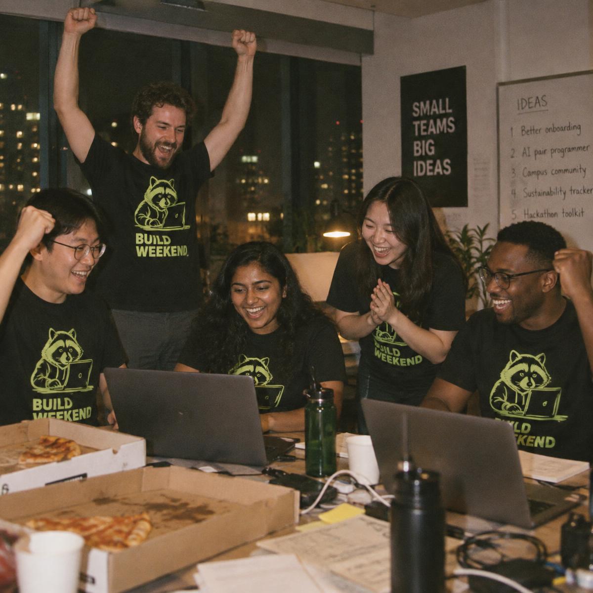 Hackathon crew in matching Build weekend merch