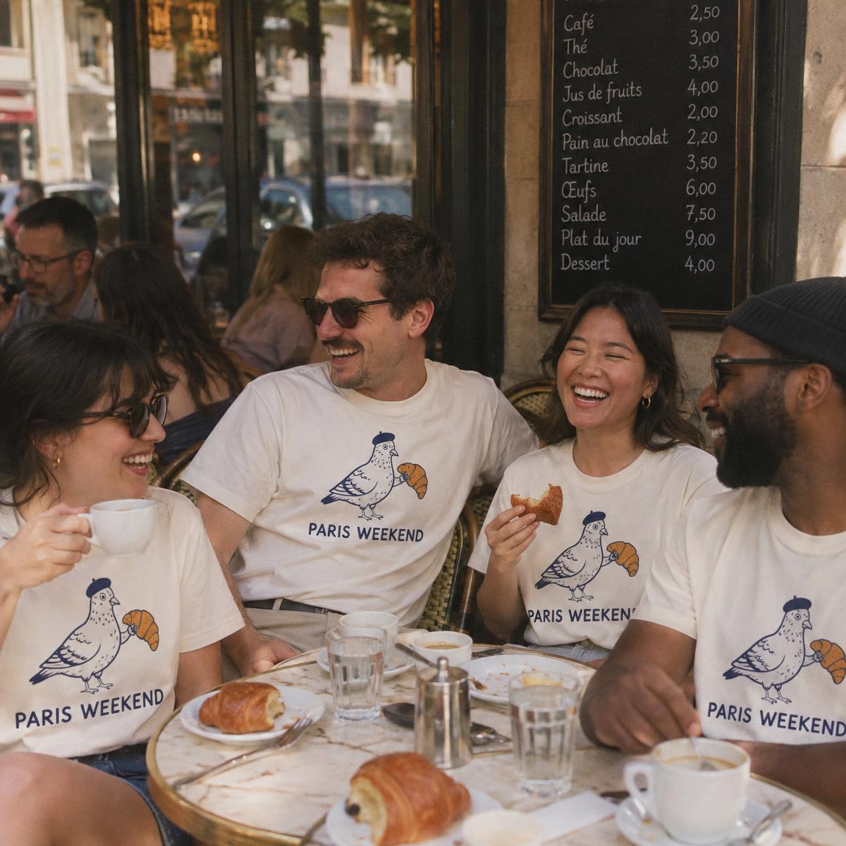 City break crew in matching Paris weekend merch