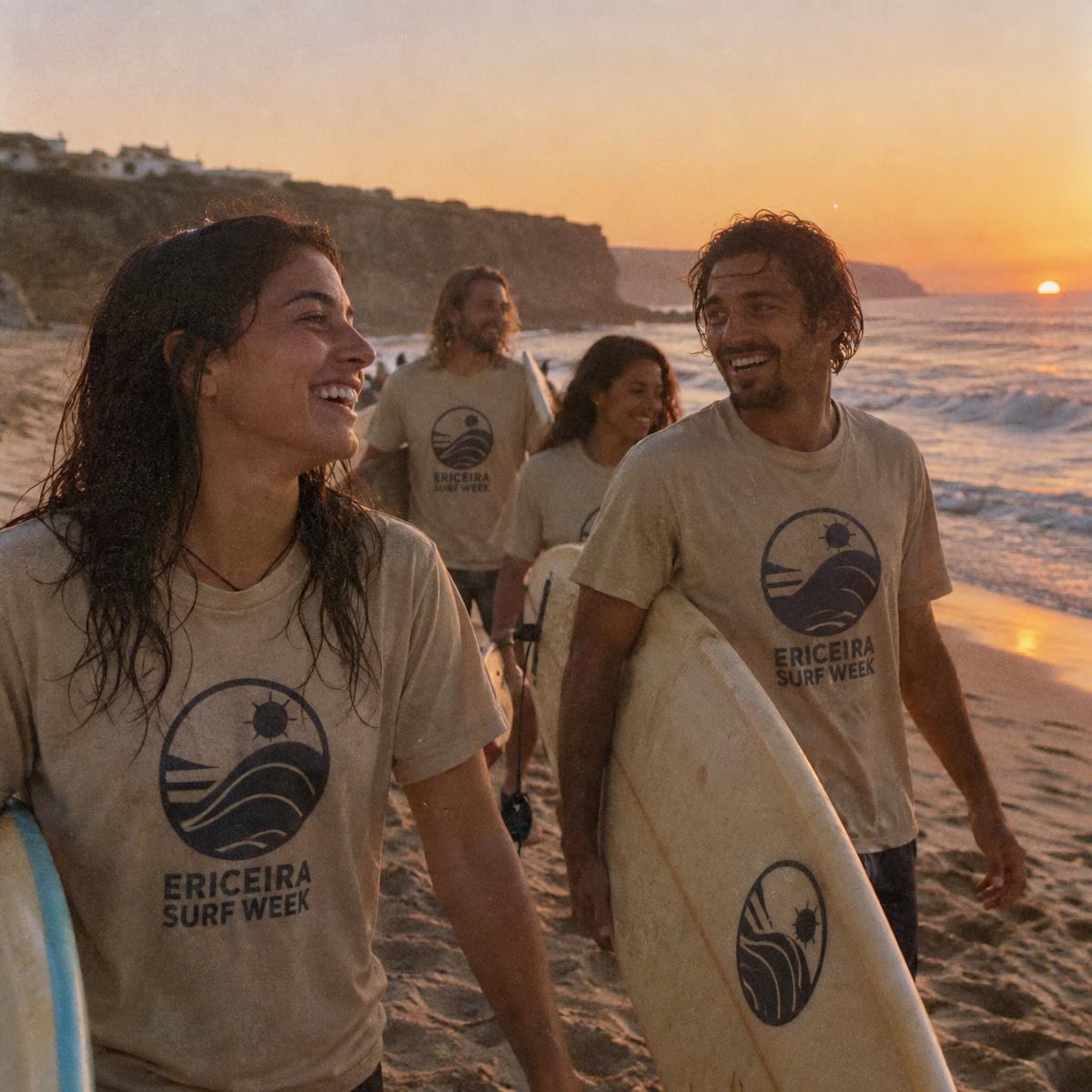 Surf trip crew in matching Ericeira surf week merch