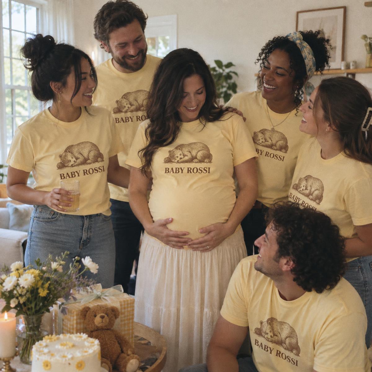 Baby shower crew in matching Baby Rossi merch