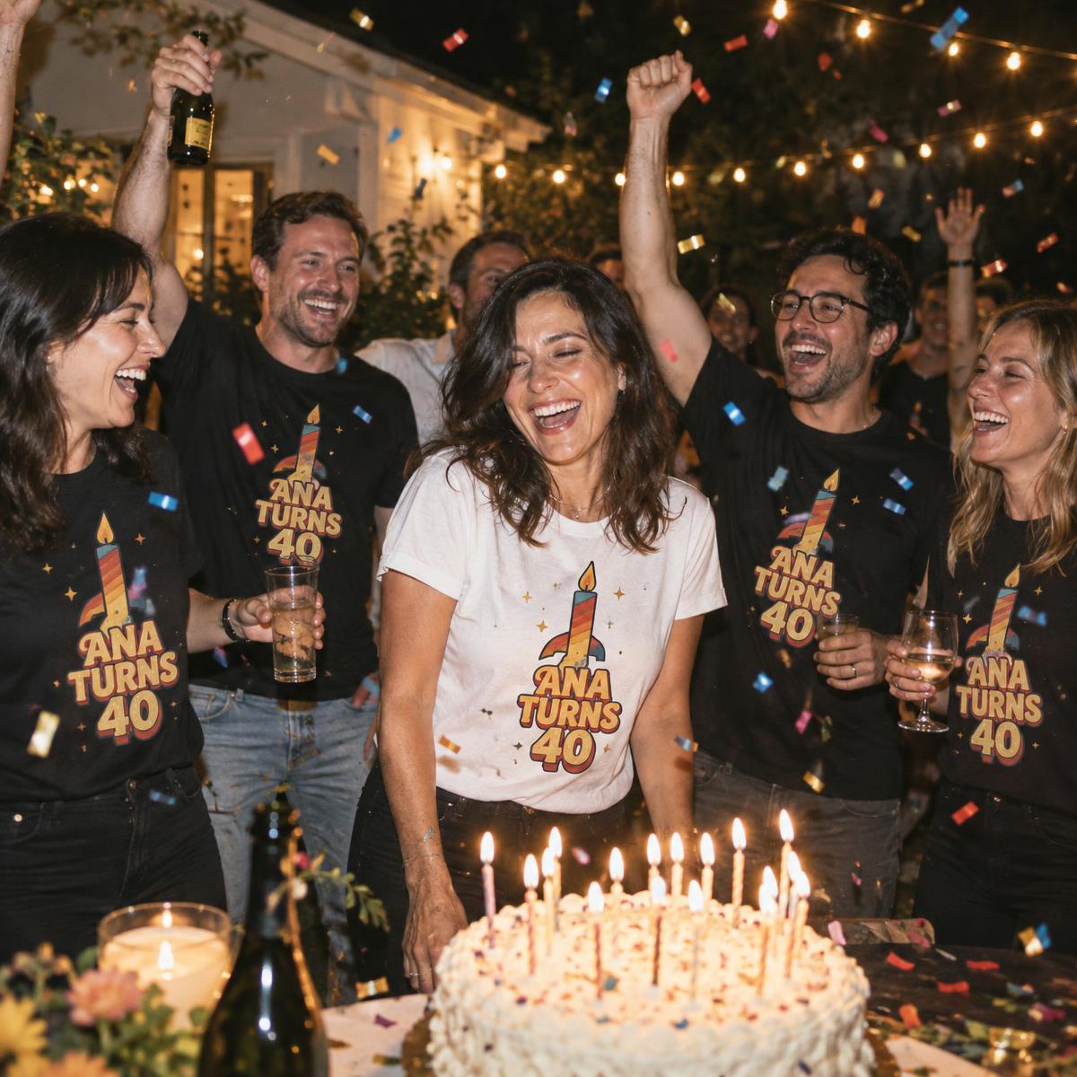 Birthday party at night with confetti, everyone in matching Ana Turns 40 tees