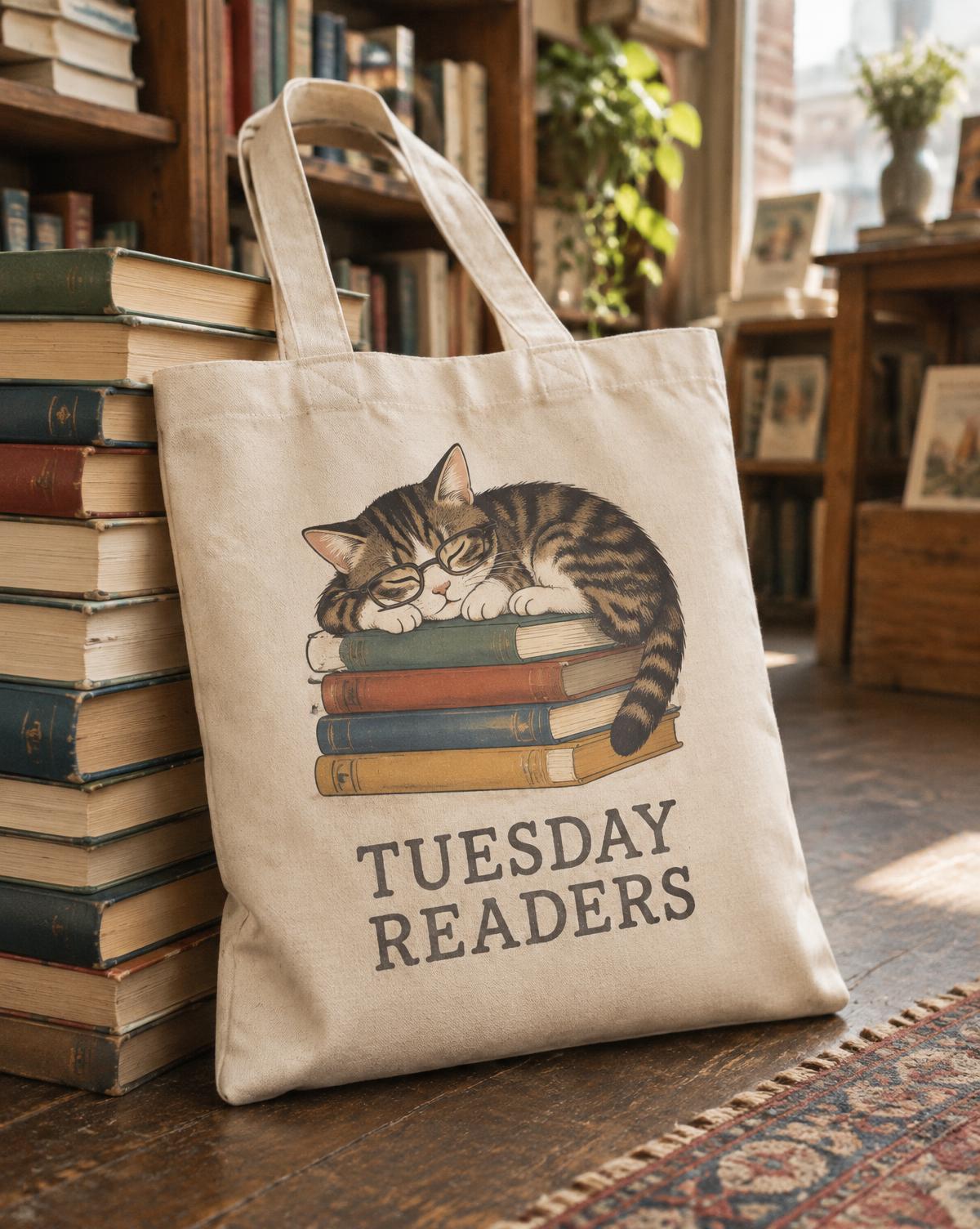 Natural tote printed with a tabby cat in glasses asleep on colourful books and Tuesday Readers in a bookshop.