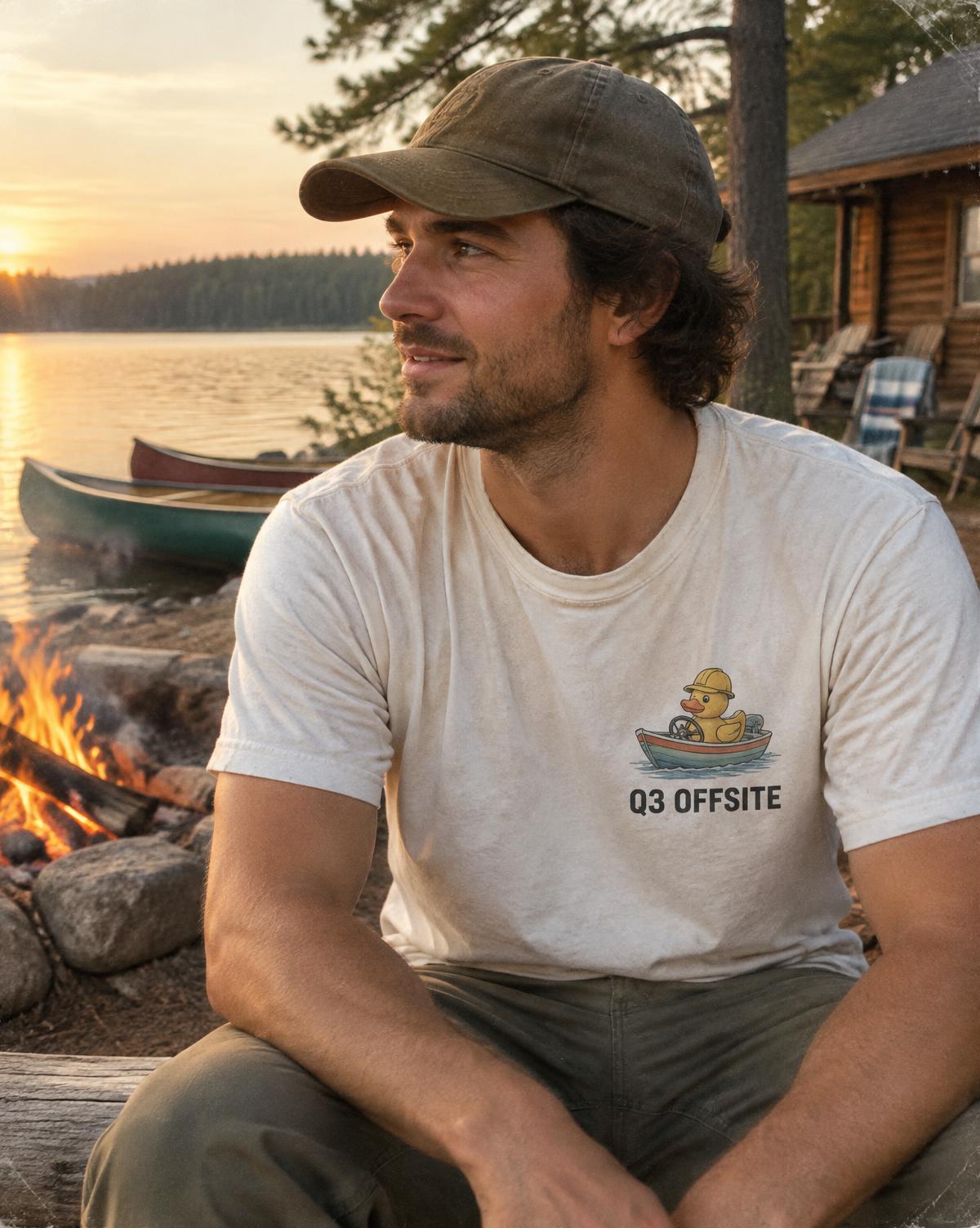 Man in a white Q3 Offsite tee with a duck in a hard hat steering a boat, sitting by a lakeside fire.