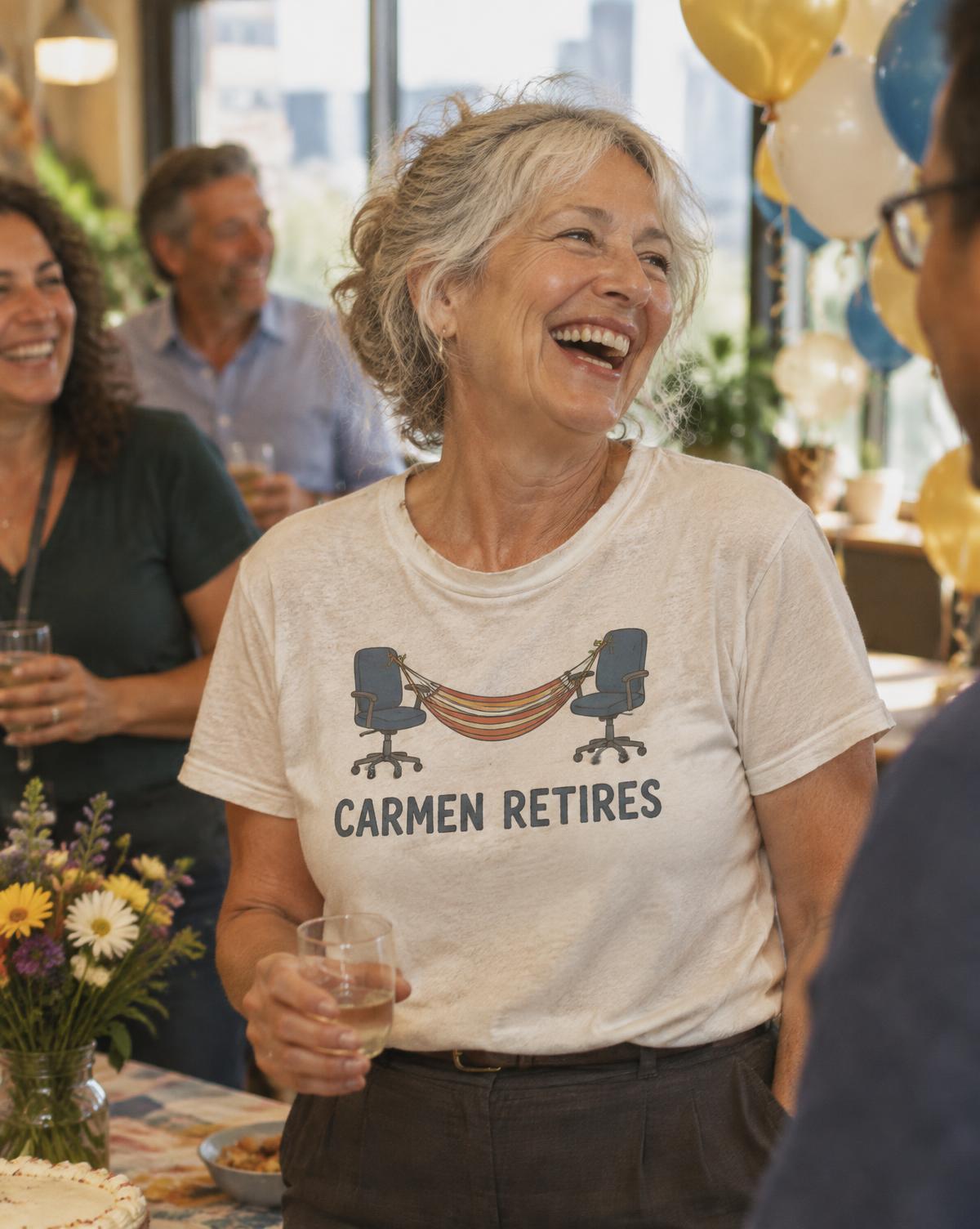 Laughing woman in a cream Carmen Retires tee with a hammock between office chairs at her party.