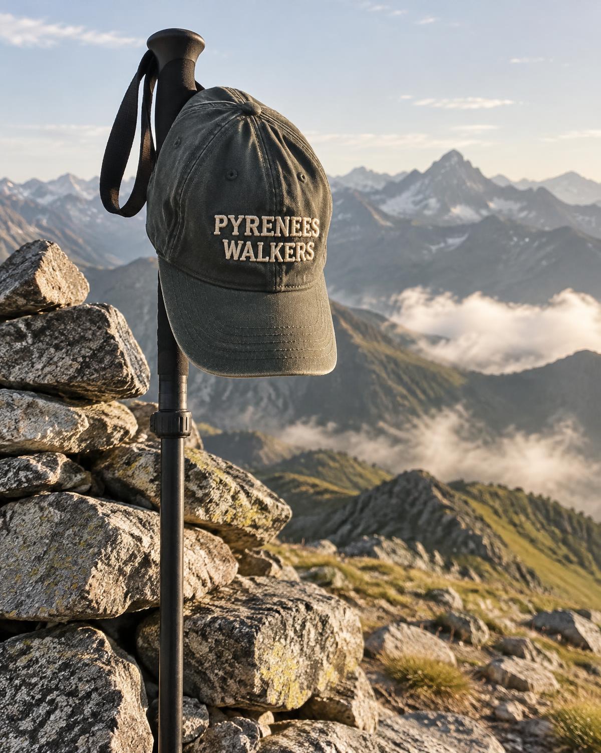 Green cap with Pyrenees Walkers stitched lettering hanging on a trekking pole above clouds and rocky peaks.