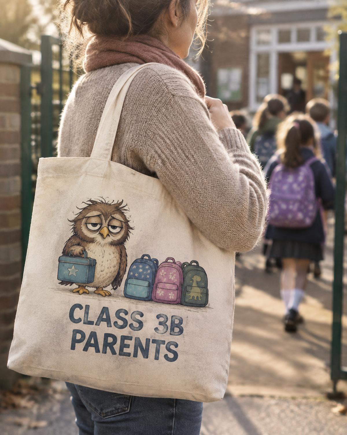 Parent carrying a natural Class 3B Parents tote with a tired owl and three backpacks into the school yard.