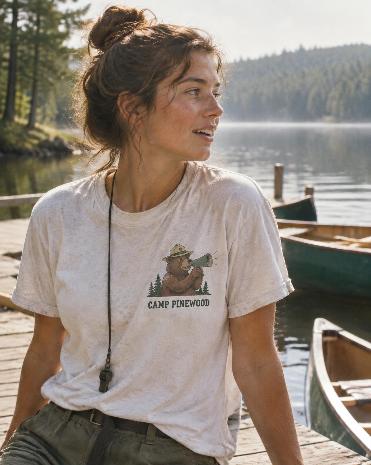 Counsellor in a cream Camp Pinewood tee with a bear ranger print and a whistle sitting by the canoes.