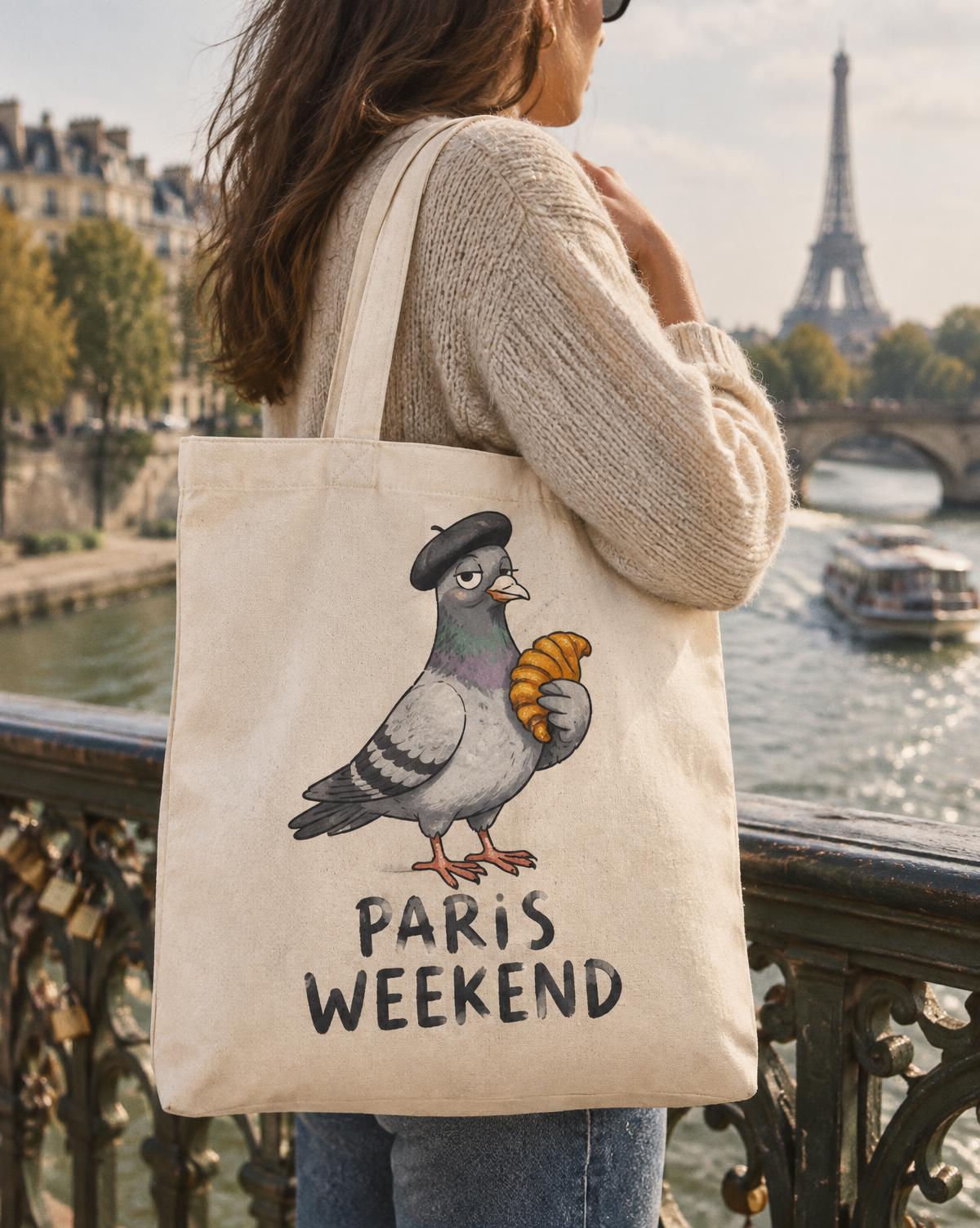 Woman carrying a natural Paris Weekend tote with a pigeon holding a croissant, Eiffel Tower behind.